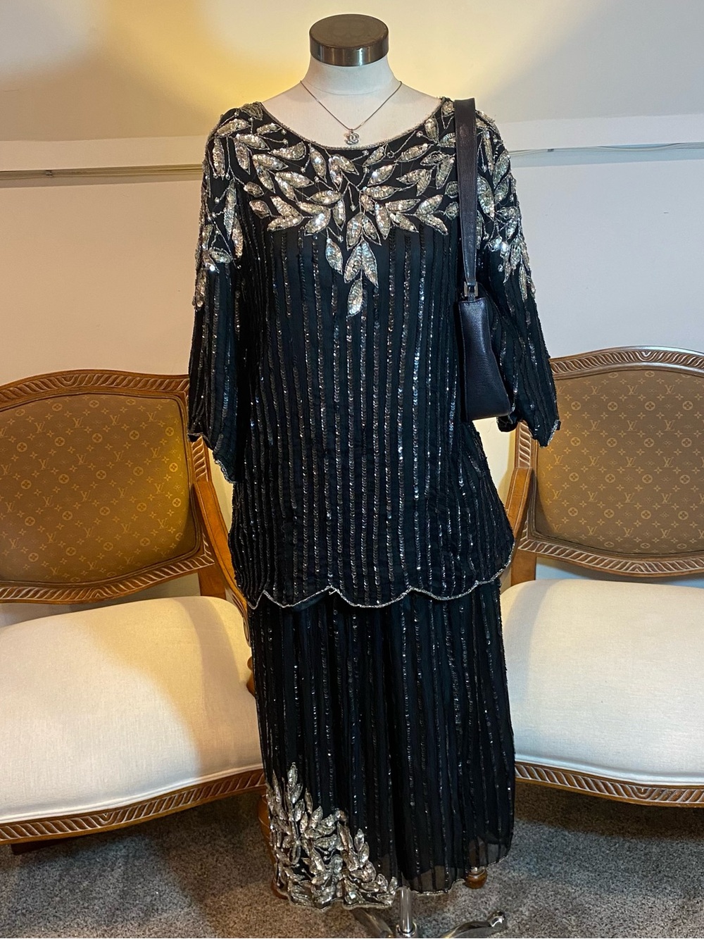 Vintage 70s Glam Black Beaded Sequined Skirt Set with Silver Leaf Embellishments
